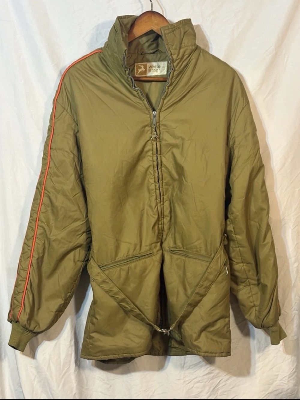 Vintage White Stag Ski Jacket Full Zip 70s Retro Puffer Olive Orange Stripe Coat